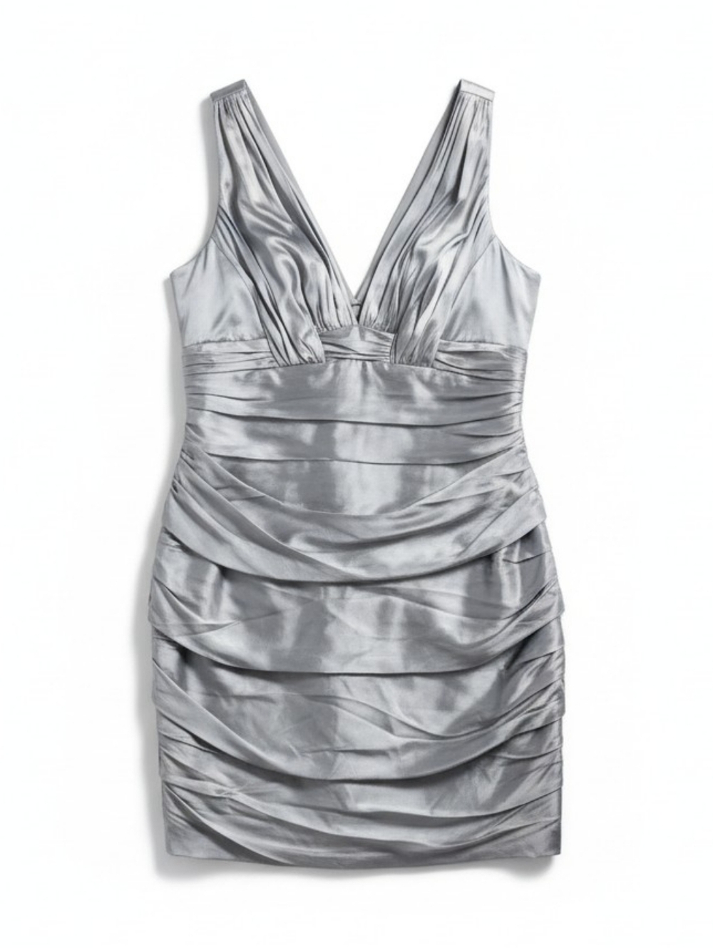 NEW Carmen Marc Valvo 16 Silver Silk Ruched Formal Dress Bridal Mother of Bride
